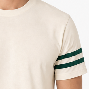 Camisetas al por mayor para hombre con rayas en las mangas, logotipo personalizado, algodón, color crema, verde bosque, dos rayas, estilo retro deportivo, camisetas lisas de moda. - Product Image 4