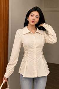 Blusa Rosa de Manga Larga para Mujer, con Botones, Diseño con Cordones Laterales, Plisada, Elegante, Informal, para Todas las Temporadas - Product Image 2