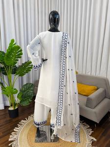 Luxury White Cotton Farshi Salwar Suit Women Blue Embroidered Ethnic Wear <b>Kurti</b> Pant Set Pakistani Bollywood Winter Party Wear - Product Image 3