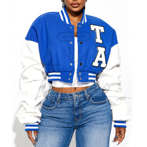 Veste de baseball courte pour femme, design personnalisé, bleu, avec doublure en peau de mouton et en laine respirante crochetée - Product Image 1