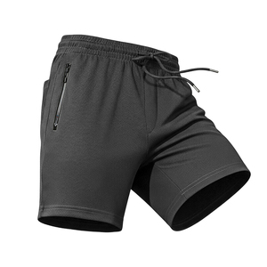 Pantalones Cortos Deportivos de Secado Rápido para Hombre, Color Sólido, Spandex, Cintura Media, Cierre con Cordón, Bolsillos con Cremallera, Logotipo Frontal, Ropa Casual, Negro - Product Image 1