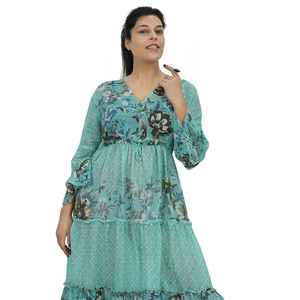 Vestido Largo Estampado Floral de Poliéster, Cuello en V, Mangas Largas, Estilo Boho, Transpirable, Informal, para Primavera, Verano y Playa - Product Image 1