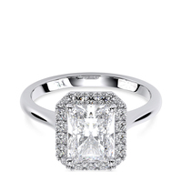Bague de fiançailles en or blanc 10K avec diamant naturel taille princesse et halo, 1,5 carat, grappe rectangulaire, plaqué rhodium, pour anniversaire de mariage