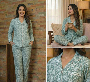 Ropa de Dormir de Verano para Mujer, Tejida, de Algodón Índigo Ecológico, con Estampado Tradicional, Cómoda, Exportada de la India - Product Image 4