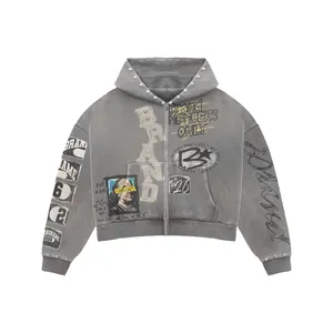 Pink Brand Members Only <b>Studded</b> Cropped Zip Hoodie | Oversized Graphic Streetwear Jacket | Heavy Print Custom OEM Apparel - Product Image 2
