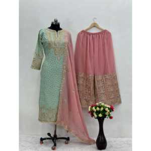 ชุดสูทนักออกแบบหญิงพร้อมงานเย็บปักถักร้อย-ด้านบนด้านล่างและ dupatta - Product Image 2