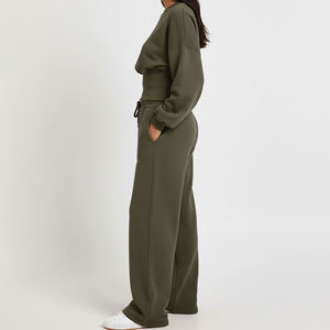 Conjunto Deportivo de Dos Piezas para Mujer, Color Verde Oliva, Tejido de Punto, Manga Larga, Cuello Mao, Corte Holgado, Color Sólido, Estilo Casual - Product Image 2