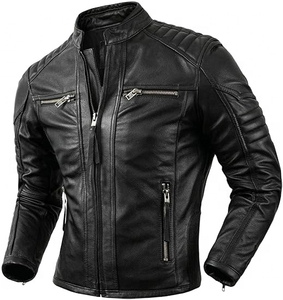 Men's Genuine Leather Moto <b>Jacket</b> Stand Collar Zipper Closure Solid Color Regular Sleeve Autumn Wear - Product Image 4