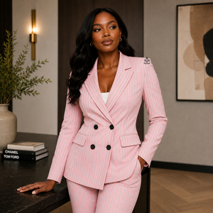 Blazer Rose Rayé Croisé à Manches Longues et Col Cranté, Tenue Maçonnique et Universitaire, Héritage de l'Habillement Grec - Product Image 4