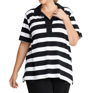 Plus Size Women's Active Bold Stripe <b>Polo</b> <b>Top</b> in Black/<b>White</b> Wholesaler Customizable OEM ODM - Product Image 1