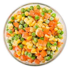 Légumes mixtes surgelés IQF pour les repas prêts à consommer, la transformation alimentaire et la restauration |   Mélange de carottes, de maïs, de pois et de haricots verts - Mme Grace - Product Image 1