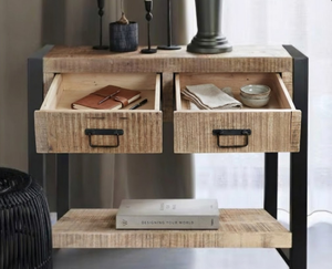 Table console en bois massif avec tiroir, design moderne éco-responsable fait main, bois de manguier avec support et poignées en métal - Product Image 2