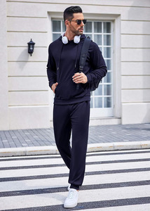 Conjunto deportivo para hombre, corte ajustado, con capucha, tela suave y transpirable, mezcla de algodón, pantalones jogger con cintura elástica, ligero, informal, para gimnasio y deporte. - Product Image 3