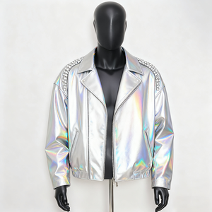 Veste en cuir véritable bleue pour homme, personnalisée, effet vieilli, avec patchwork à carreaux gaufrés, col rabattu, fermeture éclair, style décontracté - Product Image 3