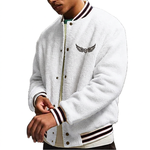 <b>Men's</b> <b>White</b> Fleece Varsity <b>Jacket</b> Embroidered Front Mandarin Collar Casual Winter Baseball Quick Dry Eco-Friendly Breathable - Product Image 4