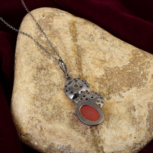 Vintage <b>Solid</b> 925 Sterling Silver Coral <b>Pendant</b> With Peridot And Black Stone 22K <b>Gold</b> Plated Everyday Wear Fine <b>Pendant</b> & Charms - Product Image 4