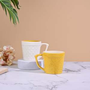 Sunlit Yellow Artistic Scale 400ml Glazed Ceramic Mug <b>Set</b> of 2 <b>Microwave</b> Safe with Creative Tray Design for Camping - Product Image 6