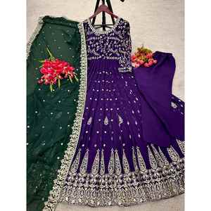 DESIGNER GEORGETTE BRODERIE SÉQUENCE TRAVAIL ROBE BAS AVEC DUPATTA VIOLET FONCÉ - Product Image 6