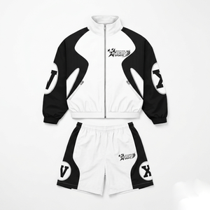 Women Windbreaker Short Set 120 GSM Premium Polyester Fabric Black <b>White</b> Panel Design Heat Transfer Custom Logo plus size - Product Image 1