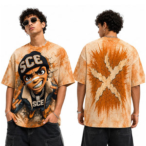 Camiseta de Hombre Estilo Urbano Oversize, Manga Corta, Cuello Redondo, Estampado de Personajes, Tela Jersey, Patrón Tie Dye Naranja - Product Image 4