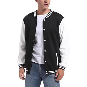 Blouson universitaire de baseball pour homme, col montant fin, manches en cuir sur mesure, patchwork décontracté, streetwear, logo frontal - Product Image 1