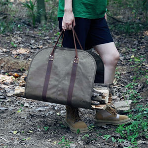 Bolsas de transporte de leña de cuero y lona encerada impermeable con asa de cuero para recoger leña - Product Image 4