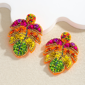 ต่างหูทำมือสไตล์โบฮีเมียนสีสันสดใสประดับลูกปัดรูปใบไม้เขตร้อนและเม็ดข้าวหลากสี โดย MD HANDICRAFTS - Product Image 5
