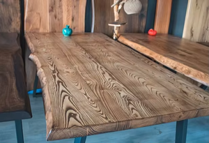 Modern Luxury SolidWood Live Edge Glass Top <b>Round</b> Commercial <b>Dining</b> <b>Table</b> 2 Bench Sets Restaurant Furniture Eco-Friendly - Product Image 5