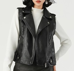 Gilet en cuir léger pour femme, en cuir de vachette véritable, sans manches, avec broderie personnalisée, style motard, en vente - Product Image 1