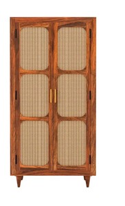 Boho Rattan Door Solid Wood Wardrobe | Mid-Century Cane Armoire with <b>Shelves</b> | Jodhpur Export - Product Image 4