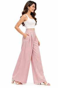 Pantalon Palazzo Plissé Rose Poudré Décontracté d'Été Respirant à Jambes Larges Taille Haute pour Femme avec Poches – Vente en Gros - Product Image 3