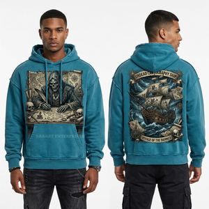 Sweat à capuche personnalisé bleu ardoise pour homme, style vintage, imprimé graphique squelette tribal, coupe oversize, effet vieilli, streetwear, en molleton - Product Image 4