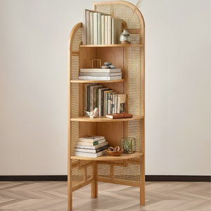 Aesthetic Light Tone Teak <b>Wood</b> <b>Bookcase</b> Rattan Corner Stand - Product Image 1