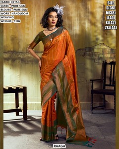 Sari en soie pure tissé à la main Raaga avec bordure bleue et travail Zari pour femmes, tenue de mariage, sari indien traditionnel - Product Image 2