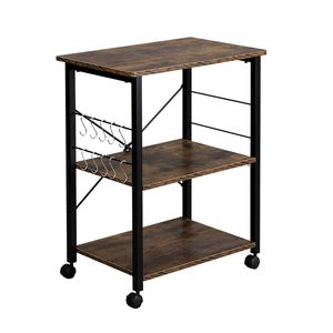 Carrello da Cucina a 3 Ripiani BakerFT, Supporto per Forno a Microonde, Stazione di Lavoro con Piano in Stile Vintage e Struttura in Metallo Nero - Product Image 1