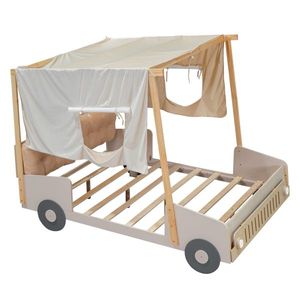Letto a Forma di Auto in Legno per Bambini con LED, Cuscino Naturale e Telo per Soffitto, Misura Twin per Ville, Include Funzione di Stoccaggio - Product Image 2
