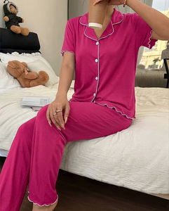 Women Pink Knitted Breathable Jersey Pajama Set Short Sleeve Button Front V-neck Solid Color Sleepwear Two Piece Casual Homewear - Product Image 4