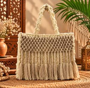 Handmade Knotted Tote <b>Bag</b> with Brown <b>Fringe</b> Tassels, Bohemian Woven Cotton Handbag for Women, Casual Beach Shopper <b>Bag</b> - Product Image 5