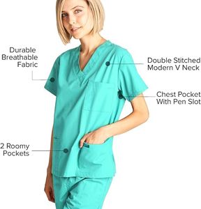Ensemble de blouses d'hôpital pour femmes, couleur turquoise, haut à manches courtes et pantalon assorti, uniforme en coton et polyester tissé pour les professionnels de la santé - Product Image 5
