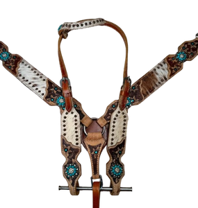 Ensemble de harnais en cuir de vachette Turquoise Daisy, bride et collier de poitrine pour cheval, artisanal, cuir véritable de qualité supérieure, Rodeo EquiElite - Product Image 3