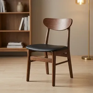 Chaise de restaurant moderne en bois avec dossier incurvé, assise rembourrée noire et pieds robustes pour café, maison, cuisine, décoration - Product Image 5