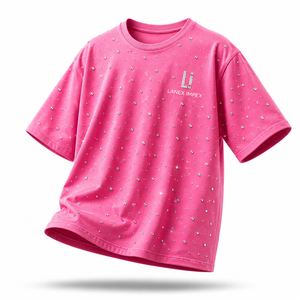 เสื้อยืดโอเวอร์ไซส์ประดับคริสตัลสีชมพูแบบกำหนดเองสำหรับผู้หญิง เสื้อยืดลำลองแขนสั้น คอกลม ประกายวิบวับ สไตล์สตรีทแฟชั่น เสื้อยืดลายกราฟิก - Product Image 2