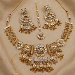 Ensemble collier et boucles d'oreilles pour femme JeweleMarket, plaqué or, avec cristaux et strass, style ethnique, pour mariage, fiançailles, anniversaire, cadeau, Maharashtra - Product Image 1