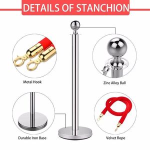 Stainless Steel Stanchion Post with Velvet Rope Safety Barriers 5ft/1.5M Red Carpet Poles Silver Truss Displays - Product Image 4