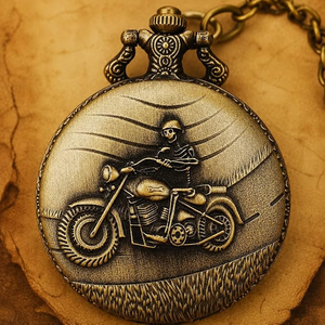 Vintage Metal Motorcycle Pocket Watch Keychain, Antique Brass Finish Round Embossed <b>Biker</b> Pendant Key <b>Ring</b> - Product Image 6