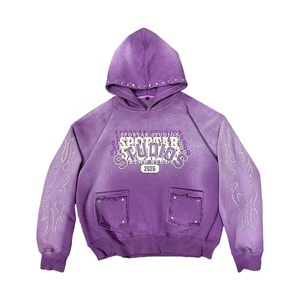 Sweat à capuche décontracté pour homme, personnalisé OEM, en molleton 400 GSM, effet délavé soleil, imprimé en relief, avec strass vieillis et manches longues - Product Image 3