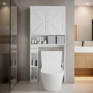 Mobiletto Salvaspazio a 2 Ante da Posizionare Sopra il WC, Stile Rustico, Scaffale per Bagno e Lavanderia - Product Image 1