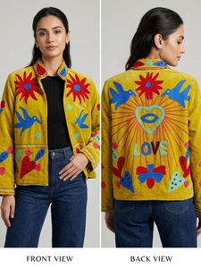 Chaqueta de terciopelo acolchada bordada a mano para mujer, cuello mandarín, manga larga, floral, algodón, con cremallera, para invierno y primavera - Product Image 4