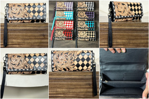 Nouveau Portefeuille Long Femme en Cuir de Vachette Gravé à la Main Motif Carreaux 2026 avec Dragonne et Design Floral Western - Product Image 3