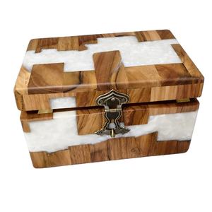 Boîte à bijoux artisanale moderne de luxe en bois et résine, finition brillante, incrustation blanche, capacité 1-2L, coffre de rangement décoratif pour souvenirs - Product Image 1